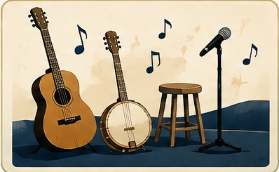 Guitars, banjo and microphone for music night