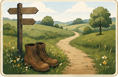 Walking boots beside a countryside footpath
